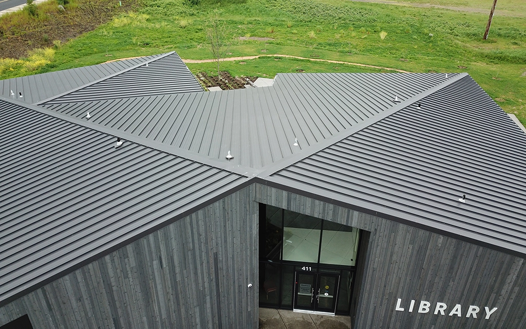 woodland_community-library-2 The Woodland Community Library in Woodland Washington features AEP Span's Span-Lok hp 16" Striated in a Midnight Bronze roof.
