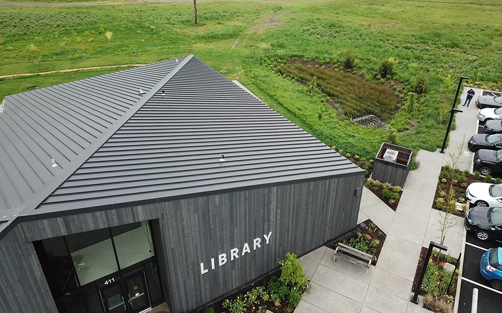 woodland_community-library-4 The Woodland Community Library in Woodland Washington features AEP Span's Span-Lok hp 16" Striated in a Midnight Bronze roof.
